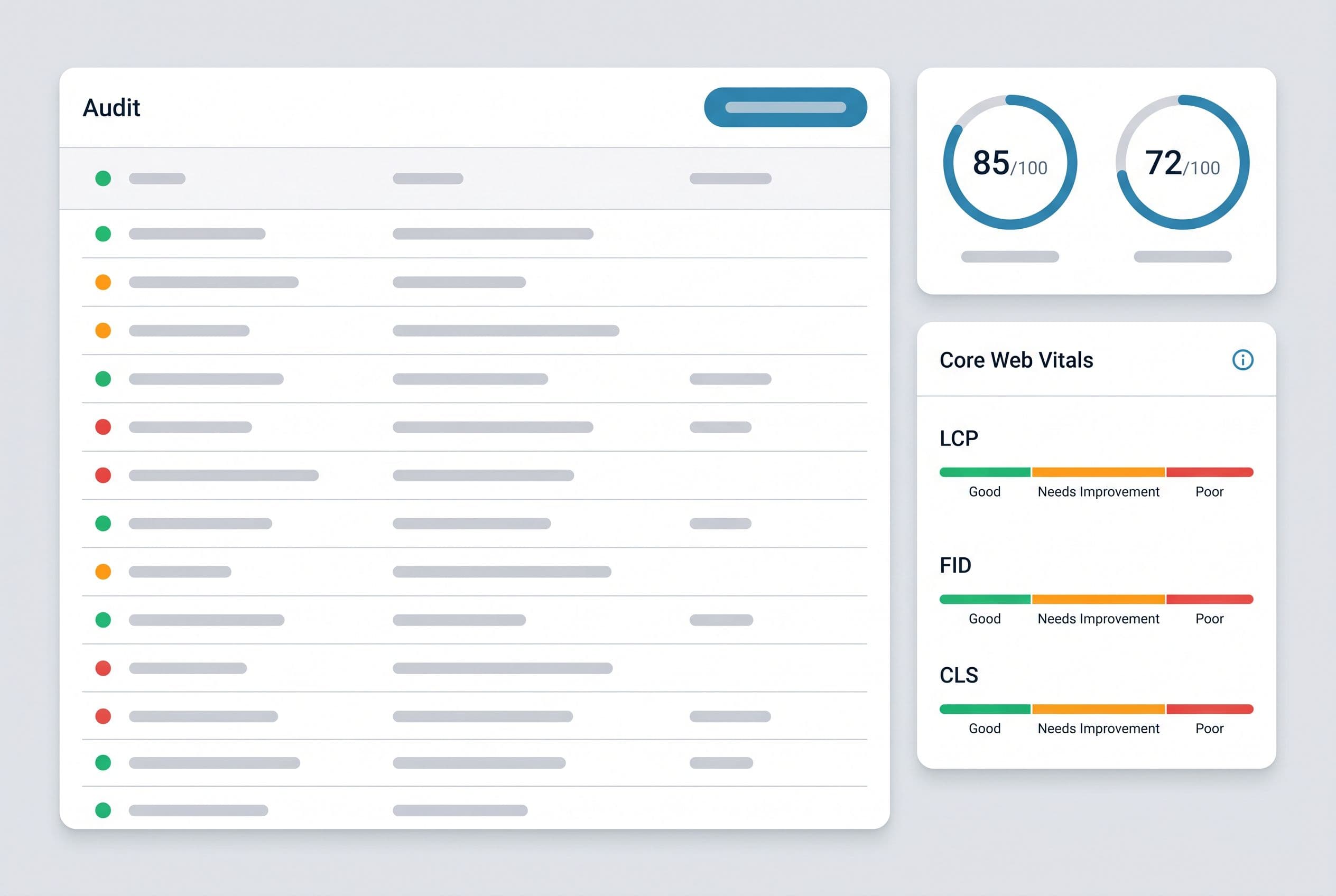 Rapport d'audit SEO : liste des corrections priorisées, jauges de performance et statuts