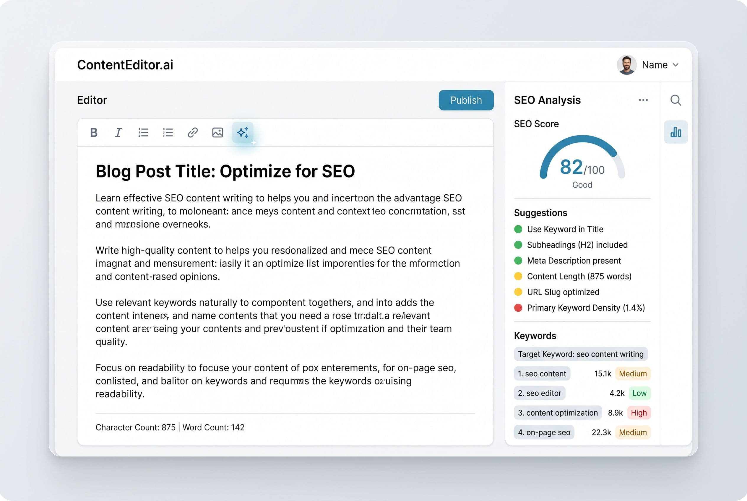 Éditeur de contenu SEO avec score, suggestions et liste de mots-clés